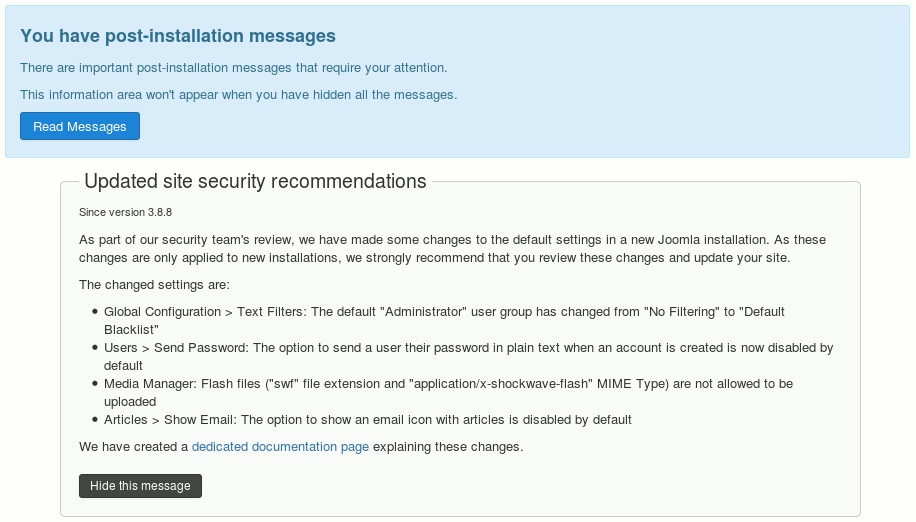 joomla 3 8 8 post installation messages